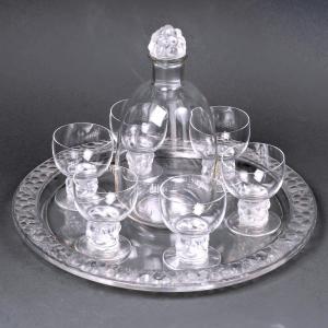 1931 René Lalique -set  Thomery Clear Glass - 6 Glasses, 1 Decanter, 1 Tray