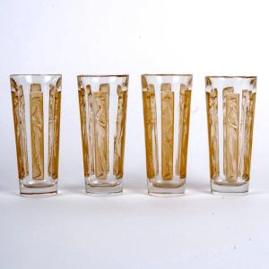 1911 René Lalique - Set Of 4 Glasses Tumblers Six Figurines Glass With Sepia Patina