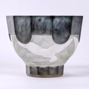 1933 Gabriel Argy Rousseau - Bowl Vase Les Ramiers Glass Paste Pate De Verre
