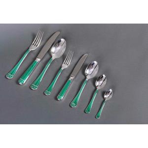 Christofle - Talisman Cutlery Set Silver Metal Green Chinese Lacquer - 93 Pieces