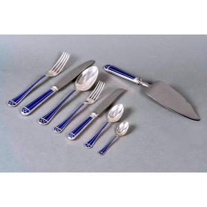 Christofle - Talisman Cutlery Set Silver Metal Blue Chinese Lacquer - 85 Pieces