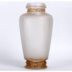 1938 René Lalique - Vase Frise Aigles Verre Blanc Patiné Sépia