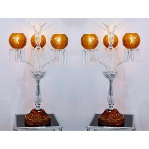 Saint-louis - Paire De Candélabres Maharadja Cristal Blanc Et Ambre