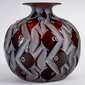 1928 René Lalique - Vase Penthievre Dark Amber Glass With White Patina