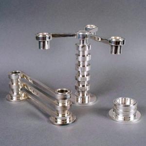Puiforcat - 3 Art Deco Modernist Candlesticks Ruban Plated Silver