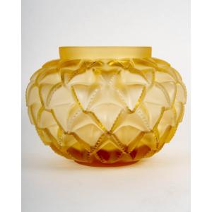 Lalique France - Art Deco Vase Languedoc Cristal Verre Jaune Ambré