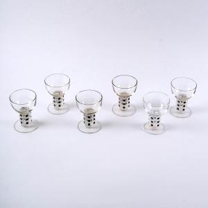 1926 René Lalique Set Of 6 Water Glasses Unawihr Glass With Black Enamel
