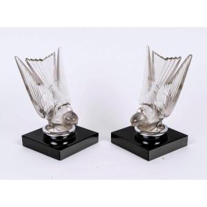 1928 René Lalique - Paire De Serre Livres Mascottes Hirondelle Verre