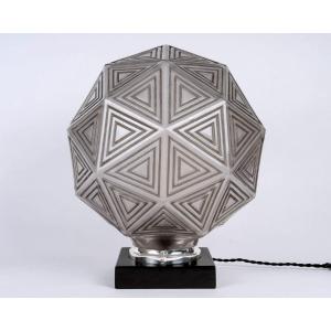 1925 René Lalique - Lampe de Table Art Déco Nanking Verre Blanc Patiné Gris