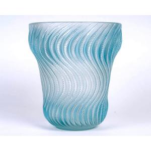 1934 René Lalique - Vase Art Déco Actinia Verre Blanc Patiné Bleu