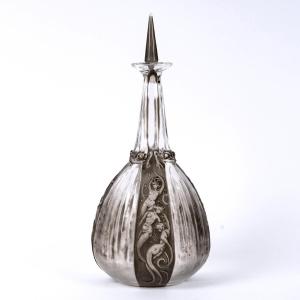 1911 René Lalique - Carafe Sirènes et Grenouilles Verre Blanc Patiné Gris
