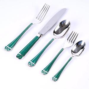 Christofle - Flatware Cutlery Set Talisman Silver Plated Green Chinese Lacquer - 60 Pieces