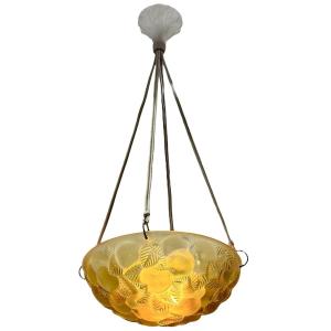 1929 René Lalique - Suspension Plafonnier Lustre Lausanne Verre Jaune Ambré