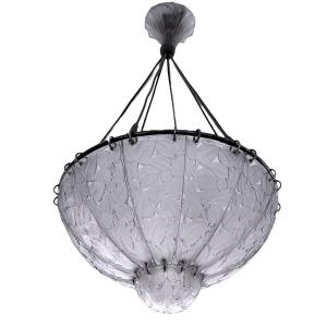 1921 René Lalique - Lustre Suspension Feuilles de Charme Verre Blanc