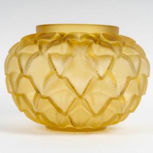 Lalique France - Art Deco Vase Languedoc Amber Yellow Crystal Glass New