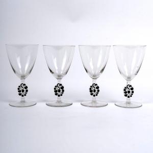 1924 René Lalique - 4 Thionville Water Glasses Glass With Black Enamel