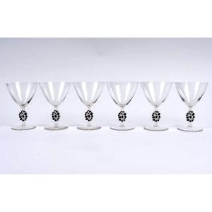 1924 René Lalique - 6 Thionville Champagne Glasses Glass With Black Enamel
