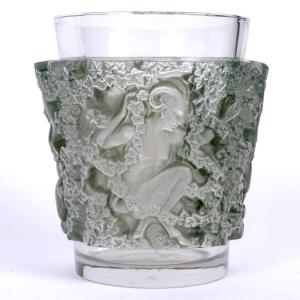 1938 René Lalique - Vase Bacchus Verre Blanc Patiné Bleu