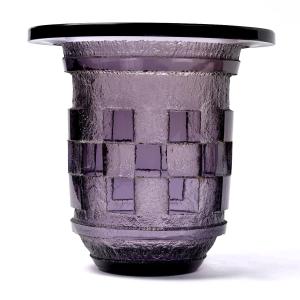 Daum Nancy - Vase Art Deco Geometric Amethyst Plum Acid-etched Glass