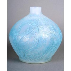 1920 René Lalique - Vase Plumes Feathers Opalescent Glass With Blue Patina