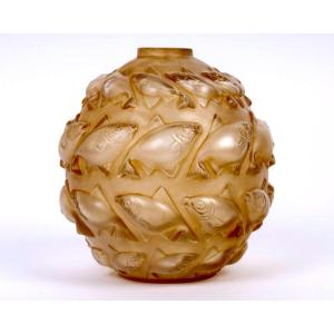 1928 René Lalique - Vase Camaret Verre Blanc Patiné Sépia