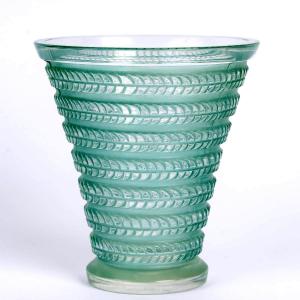 1926 René Lalique - Vase Cytise Verre Blanc Patiné Turquoise