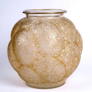 1926 René Lalique - Vase Tortues Verre Blanc Patiné Sépia