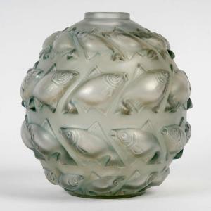 1928 René Lalique - Vase Camaret Verre Blanc Patiné Bleu Gris