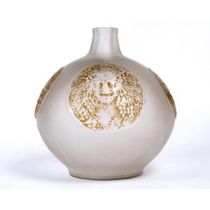 1911 René Lalique - Vase Quatre Masques Masks Glass With Sepia Patina