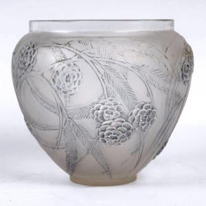 1923 René Lalique - Vase Néfliers Verre Blanc Patiné Bleu