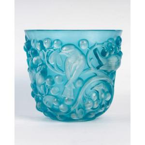 1927 René Lalique - Vase Avallon Verre Blanc Patiné Bleu Electrique