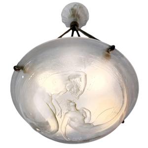 1921 René Lalique - Chandelier Ceiling Fixture Deux Sirènes Mermaids Glass