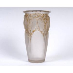 1924 René Lalique - Vase Ceylan Verre Blanc Patiné Sépia