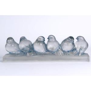 1933 René Lalique - Decoration Six Moineaux Sparrows Glass With Light Blue Patina