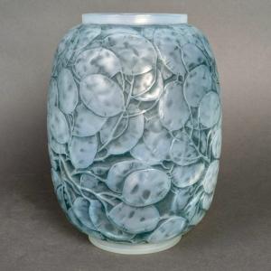 1914 René Lalique - Vase Monnaie Du Pape Verre Opalescent Patiné Bleu