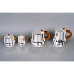 1930 Jean E. Puiforcat - Art Deco Modernist Tea Coffee Set Sterling Silver Rosewood