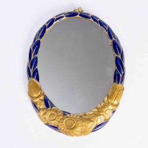 1925 Sue And Mare - Art Deco Oval Mirror Gilt Bronze And Blue Enamel