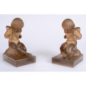 1929 René Lalique - Pair Of Bookends "amour" Glass With Sepia Patina
