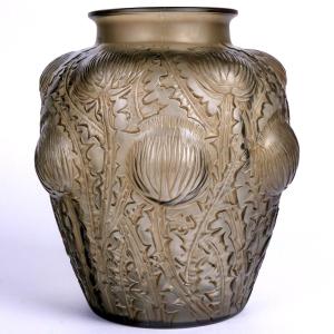 1926 René Lalique - Vase Domrémy Verre Gris Topaze Fumé Patiné Sépia