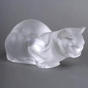 Lalique France - Statuette Décoration Chat Couché Cristal