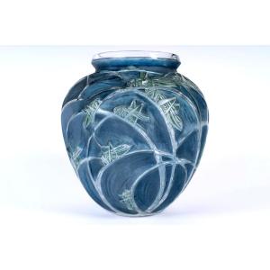 1912 René Lalique - Vase Sauterelles Grasshoppers Glass With Blue And Green Patina