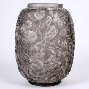 1914 René Lalique - Vase Monnaie Du Pape Verre Blanc Patiné Gris