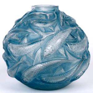1927 René Lalique - Vase Oléron Verre Blanc Patiné Bleu