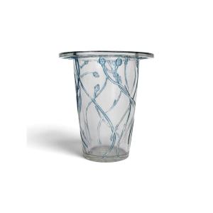 1913 René Lalique - Vase Bordure Bluets Verre Blanc Patiné Bleu