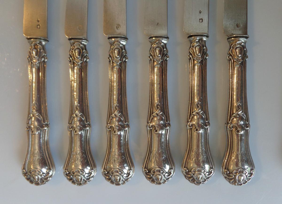 12 couteaux à fruits en argent minerve - Style Rocaille Louis XV-photo-2