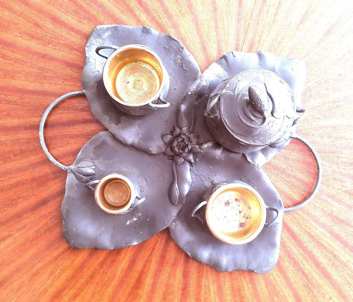 Art Nouveau Pewter Smoking Service Water Lily Decor Signed E Frères-photo-3