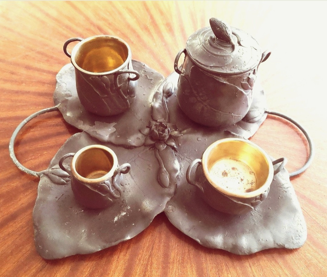 Art Nouveau Perfume Set In Pewter And Brass, With Water Lilies, Signed E. Frères-photo-2