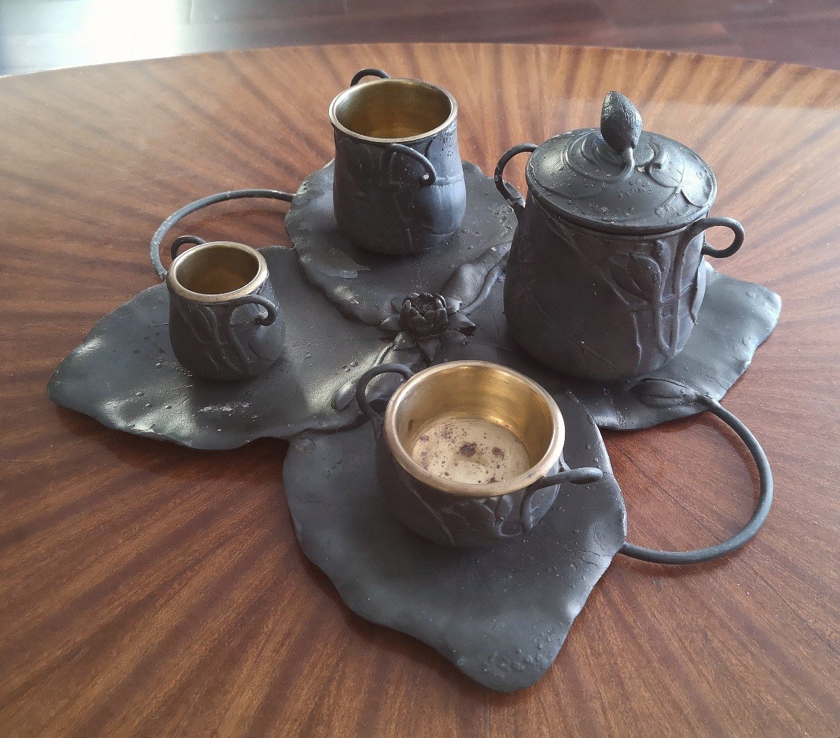 Service Fumeur Art Nouveau étain Décor Nénuphar Signé E Frères-photo-4