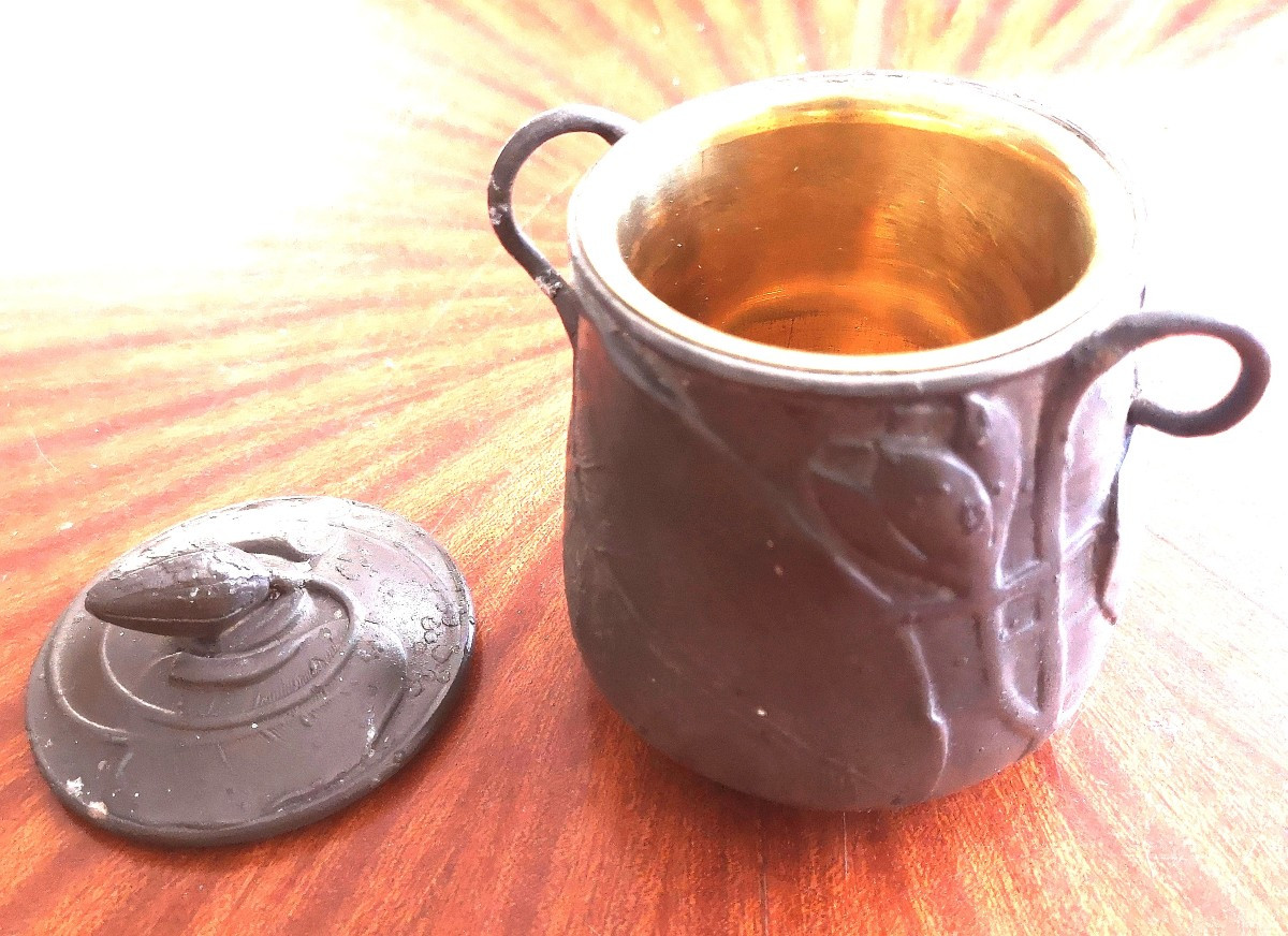 Art Nouveau Pewter Smoking Service Water Lily Decor Signed E Frères-photo-5