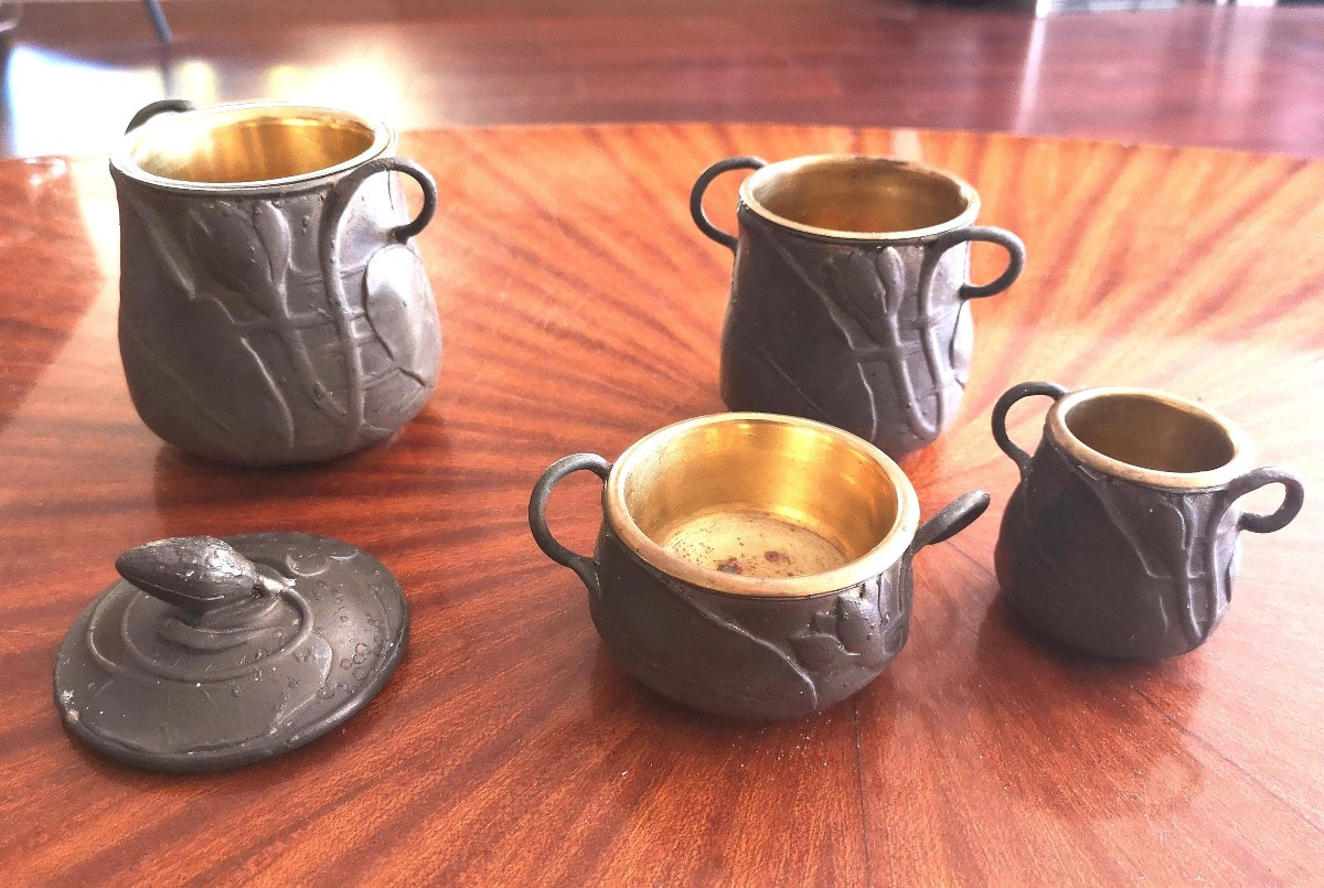 Art Nouveau Pewter Smoking Service Water Lily Decor Signed E Frères-photo-3